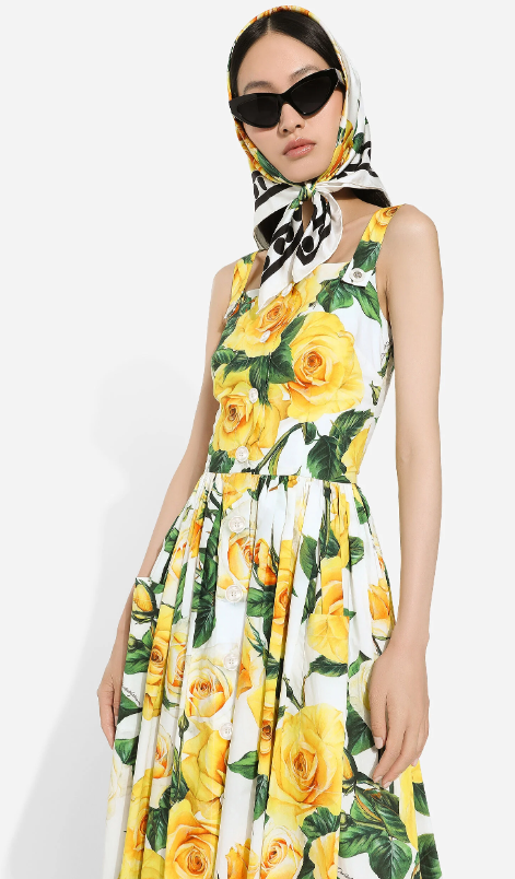 SONNENKLEID AUS BAUMWOLLE MIT GELBEN ROSEN-PRINT - DOLCE & GABBANA