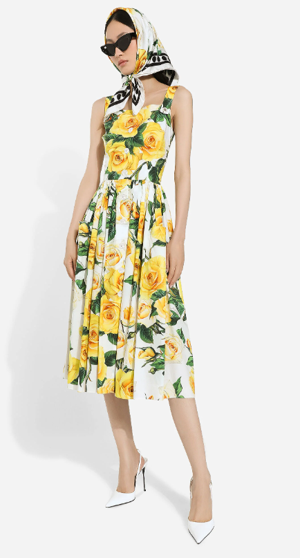 SONNENKLEID AUS BAUMWOLLE MIT GELBEN ROSEN-PRINT - DOLCE & GABBANA