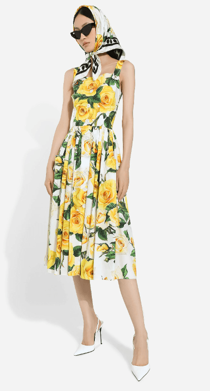 SONNENKLEID AUS BAUMWOLLE MIT GELBEN ROSEN-PRINT - DOLCE & GABBANA - NanoInfinite